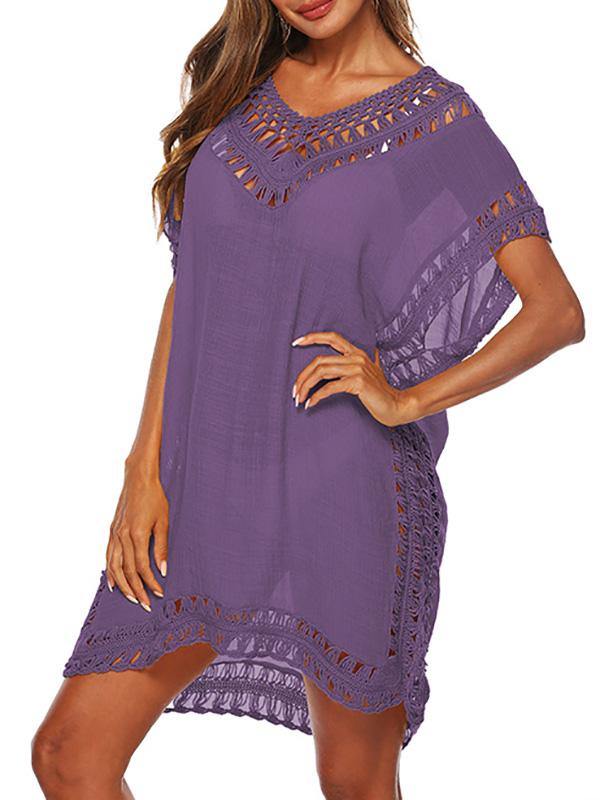 Women's Sexy V-Neck Swimsuit Blouse Beach Dress Crochet Bikini Mini Dress - CHALIER