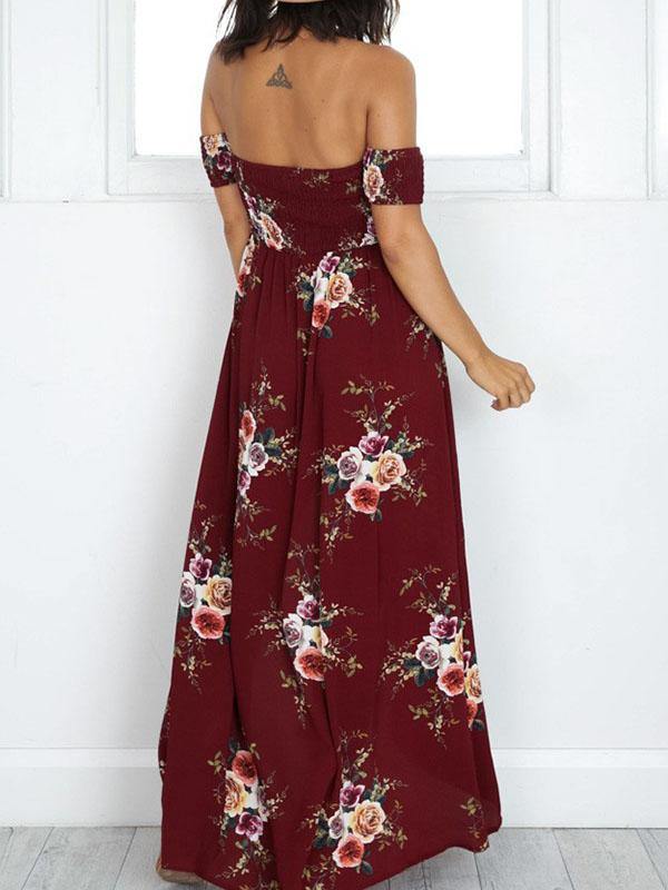 Women's Floral Printed Maxi Beach Dress Long Bohemian Split Tee Dress Plus Size - CHALIER