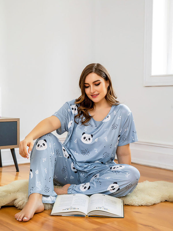 Women's Casual Plus Size Pajamas Cute Animals Lingerie Two-Piece Set Blue Pandas