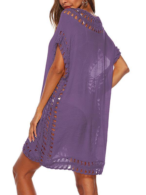 Women's Sexy V-Neck Swimsuit Blouse Beach Dress Crochet Bikini Mini Dress - CHALIER