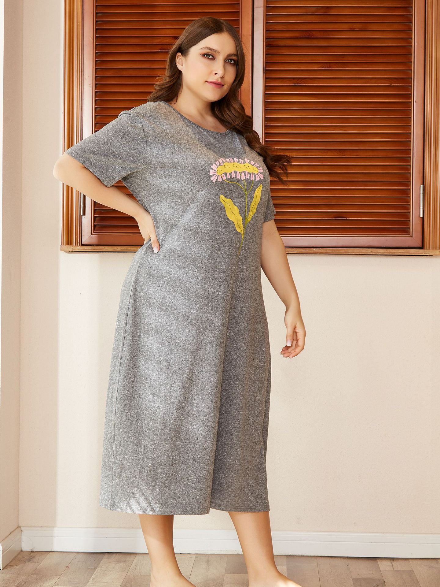 Women's Casual Plus Size Gray Night Gowns Cute Flowers Lingerie Sleep Maxi Dress