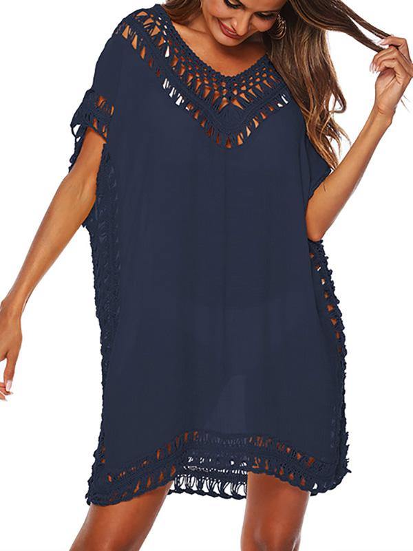 Women's Sexy V-Neck Swimsuit Blouse Beach Dress Crochet Bikini Mini Dress - CHALIER