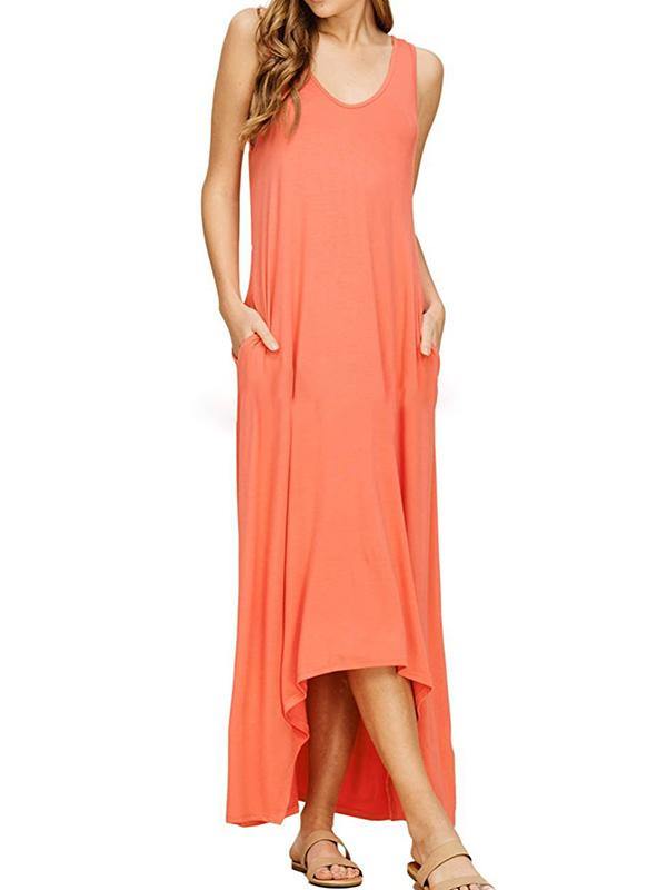 Women's Sleeveless Maxi Dress Casual Pockets Soft Jumper Skirt Solid Beach Dress - CHALIER