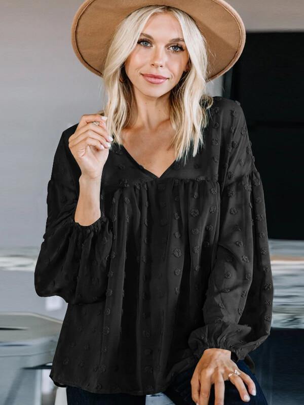 V Neck Long Sleeved Chiffon Blouse - CHALIER