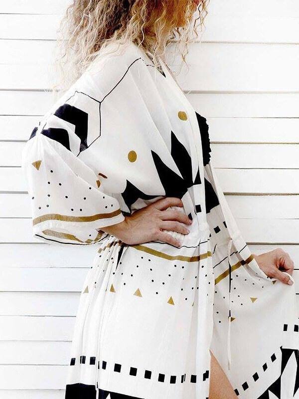 Beach Long Sleeve Chiffon Geometric Printed Cardigan - CHALIER