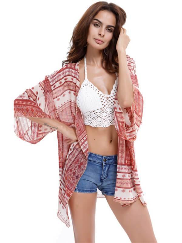 Womens Printed 3/4 Sleeve Chiffon Cardigan - CHALIER