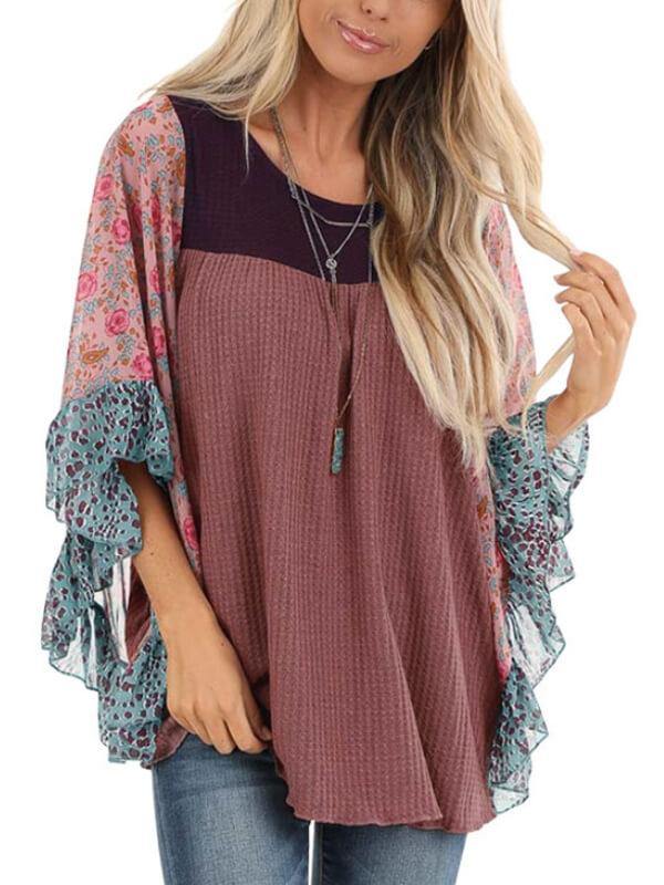 Batwing Sleeve Print Color Block Top - CHALIER