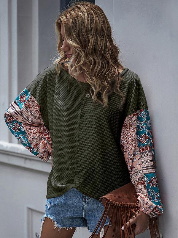 Women Printed Round Neck Long Sleeve Casual Hoodie - CHALIER