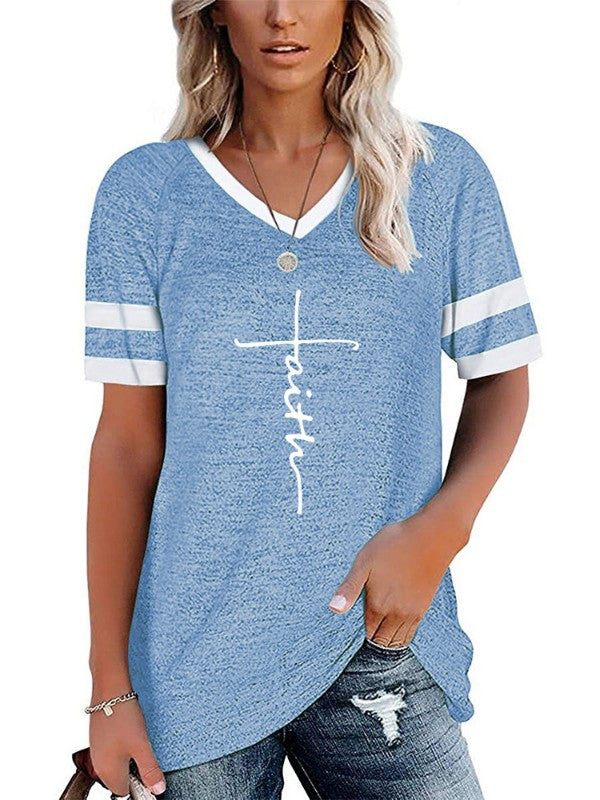 Women Letter Printed V Neck Short Sleeve T-Shirt