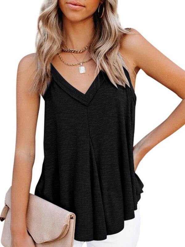 V Neck Spaghetti Strap Solid Cami Top - CHALIER