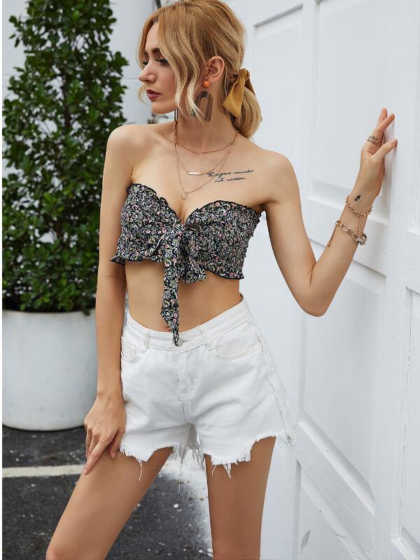 Tie Front Vacation Floral Crop Tube Top - CHALIER