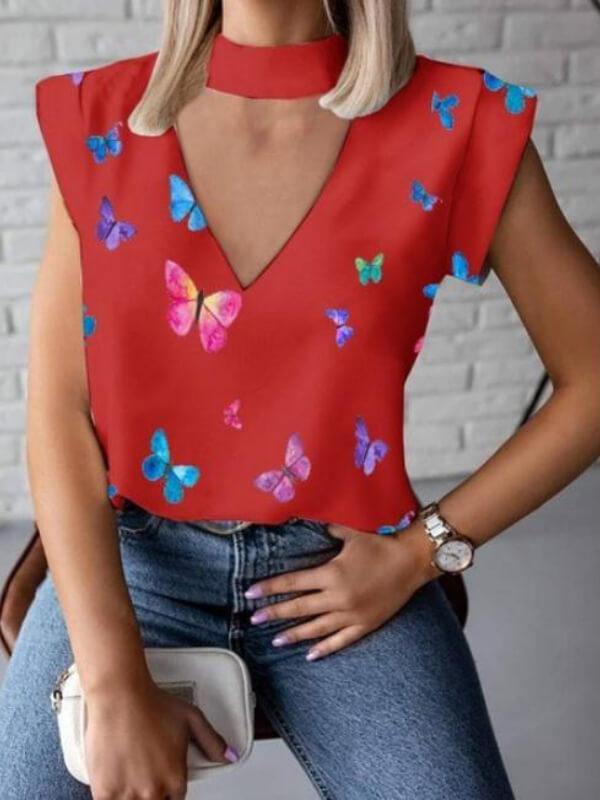 Ladies Butterfly Printed V Neck Sleeveless T-Shirt - CHALIER