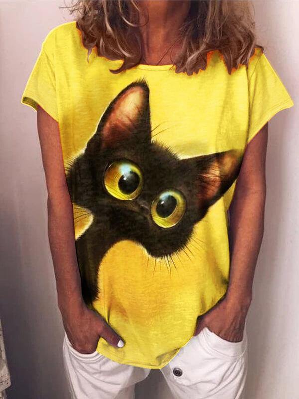 Cat Printed Plus Size Short Sleeve Casual Top - CHALIER