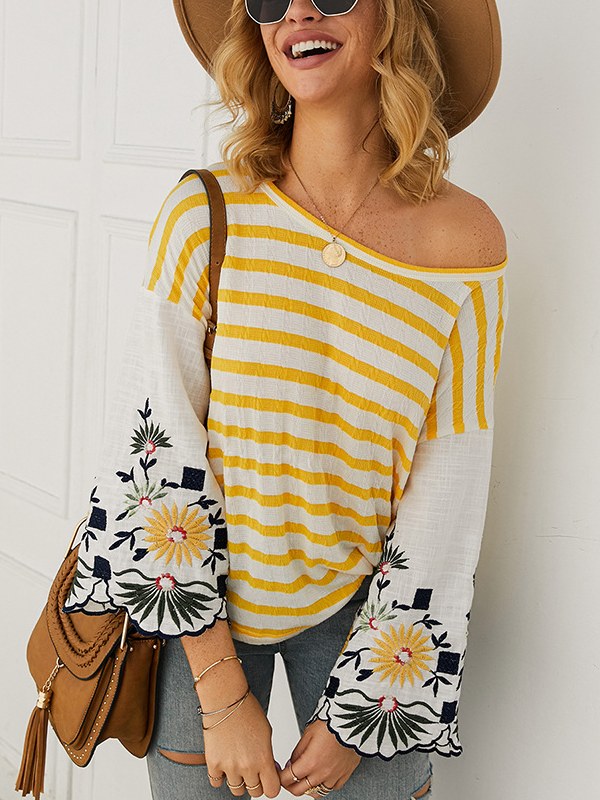 Women's Fashion Top Casual Striated Embroidered Shirt