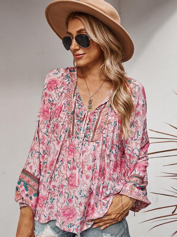 Women's V Neck Floral Printed Shirt&Top - CHALIER