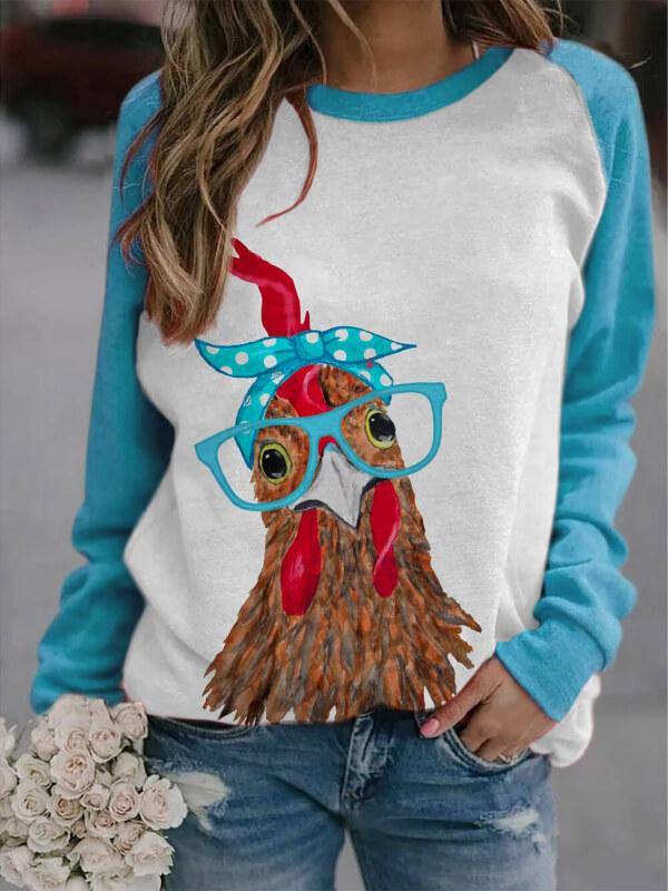 Women's Chicken with Bandana Printed Color Block Sweatshirt - CHALIER