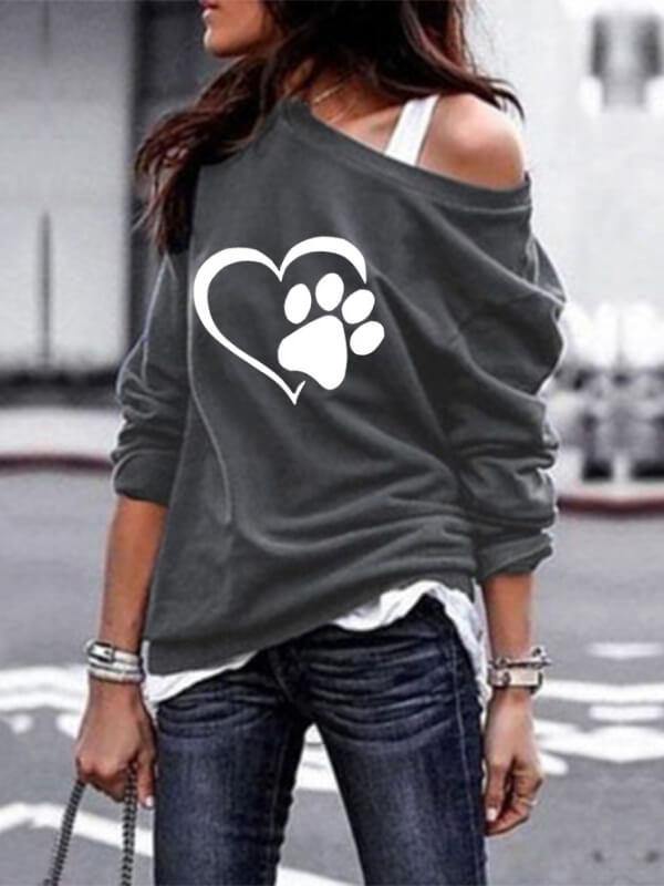 Women's T-shirts Dog Paw Sweatshirts Casual One-shoulder Solid Round Neck - CHALIER