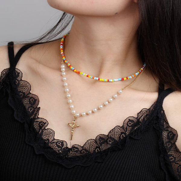 Female Hot Necklaces Women Gold Layered Cross Choker Jewelry