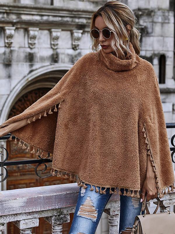 High Necked Fringe Hem Cape Long Sleeved Coat - CHALIER