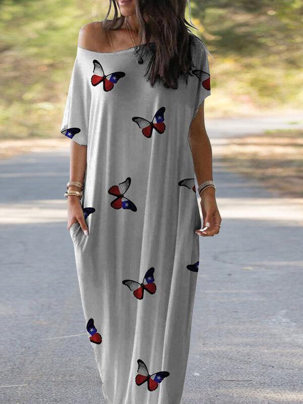 Women's Butterfly Printed Short Sleeve Maxi Dress - CHALIER