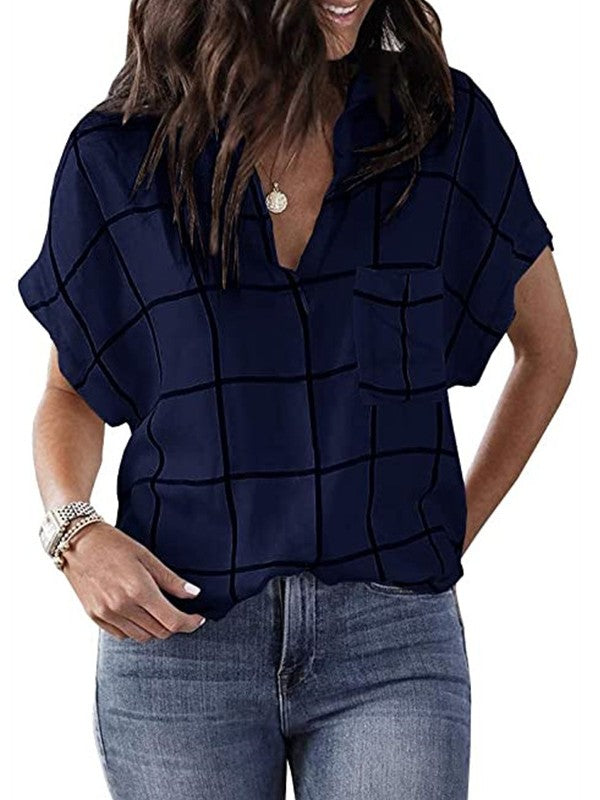 Women Plaid Printed V Neck Short Sleeve Blouse