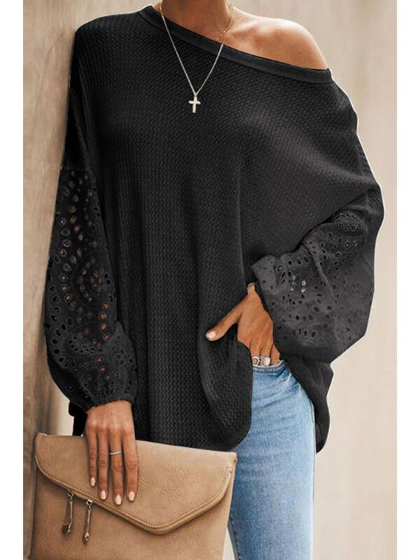 Women Solid Loose Hollow Long Sleeve T-Shirt - CHALIER