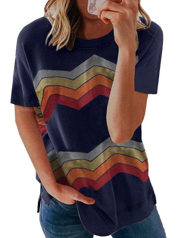 Women Geometry Striped  Casual Short Sleeve T-Shirt