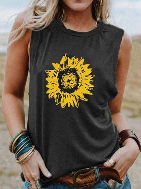 Women Crew Neck Sunflower-Print Sleeveless Casual Tank Tops - CHALIER
