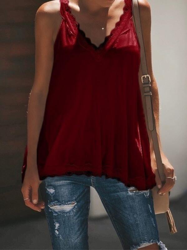 Women's V Neck Paneled Spaghetti Stap Solid Lace Crochet Cami Top - CHALIER