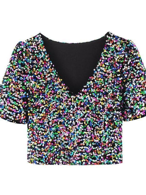 Ladies Short Sleeve Sequin Night club Top&T-shirt - CHALIER