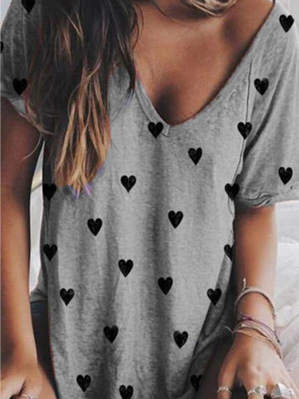 Women Casual V Neck Cotton-Blend Printed T-Shirt - CHALIER