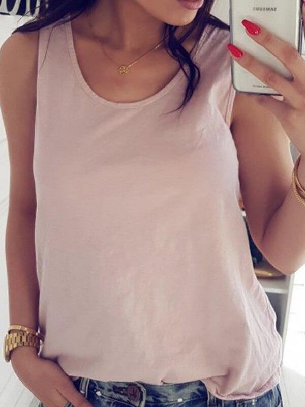 Women's Solid Hollow Out Sleeveless T-Shirt - CHALIER