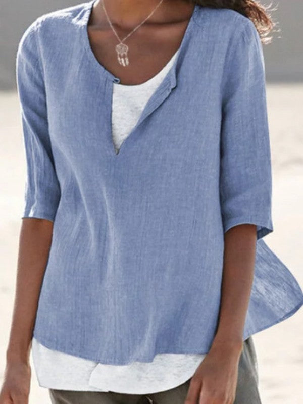 Women V Neck Cotton Linen Solid Casual Blouse