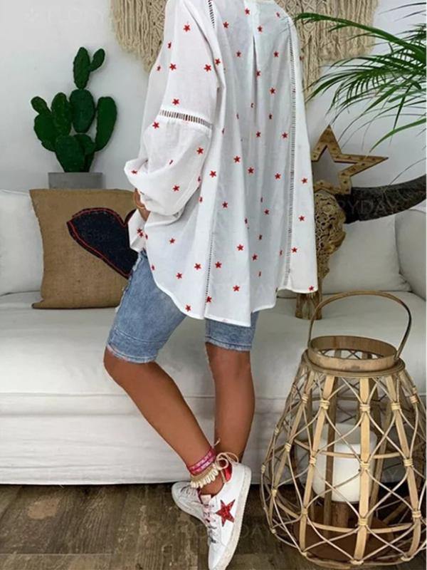 Ladies Printed Loose V Neck Lantern Sleeve T-Shirt - CHALIER