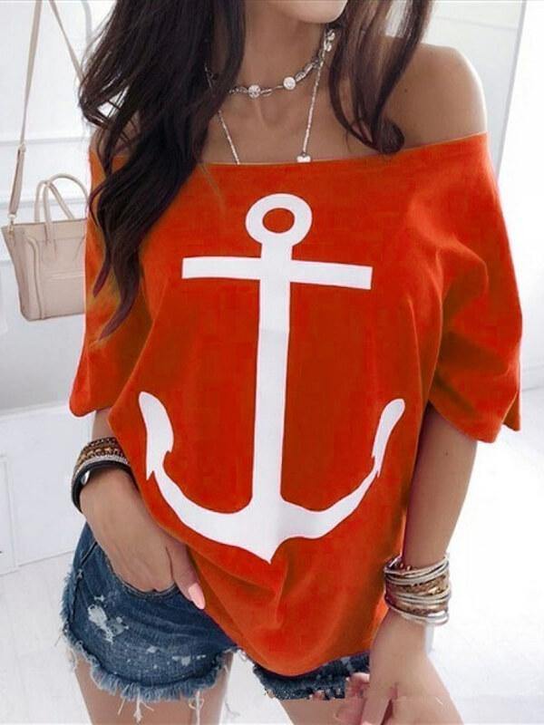 Off The Shoulder Anchor Printed Half Sleeve T-Shirt - CHALIER