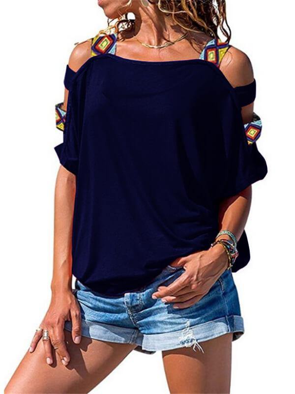 Ladies Geometric Cold Shoulder Casual Short Sleeve Tee - CHALIER