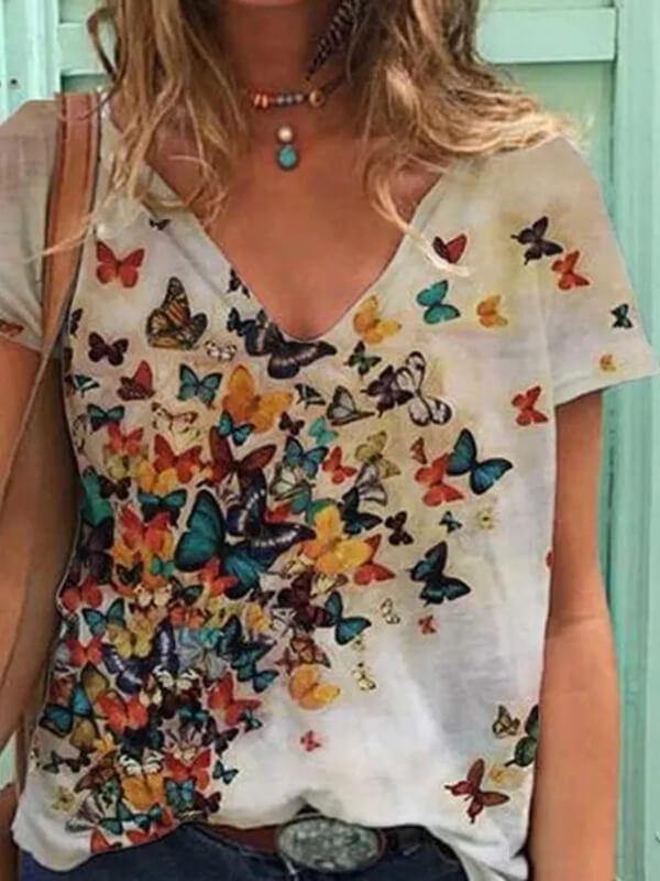 Women Butterfly Printed Short Sleeve V Neck Shirts & Tops - CHALIER