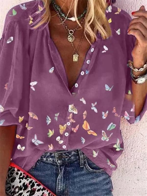 Women Colorful Butterfly Print Chiffon Long Sleeve Shirt - CHALIER
