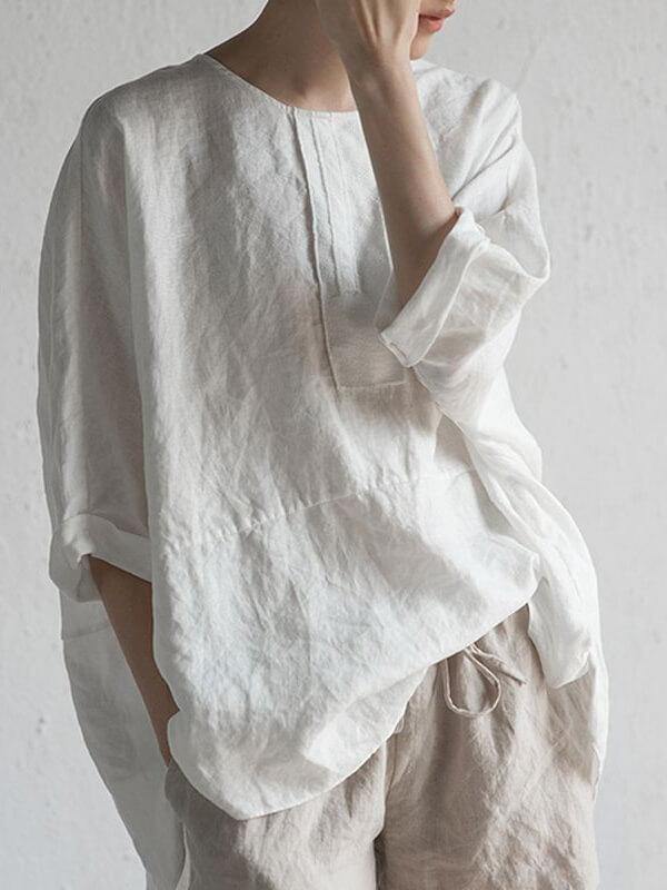 Summer Casual Cotton Linen Plain Top - CHALIER