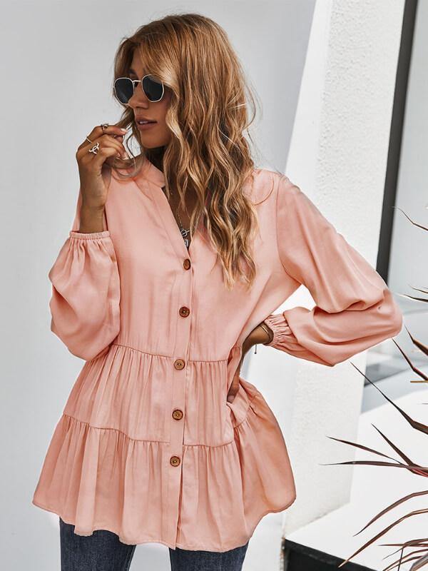 Ladies V Neck Long Sleeve Solide Causal Blouse - CHALIER