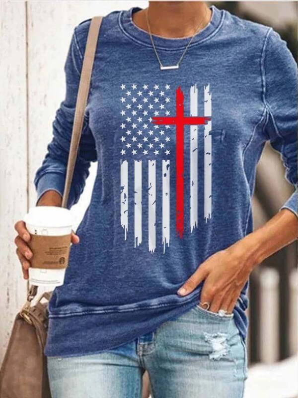 Women's American Flag With Cross Sweatshirt - CHALIER