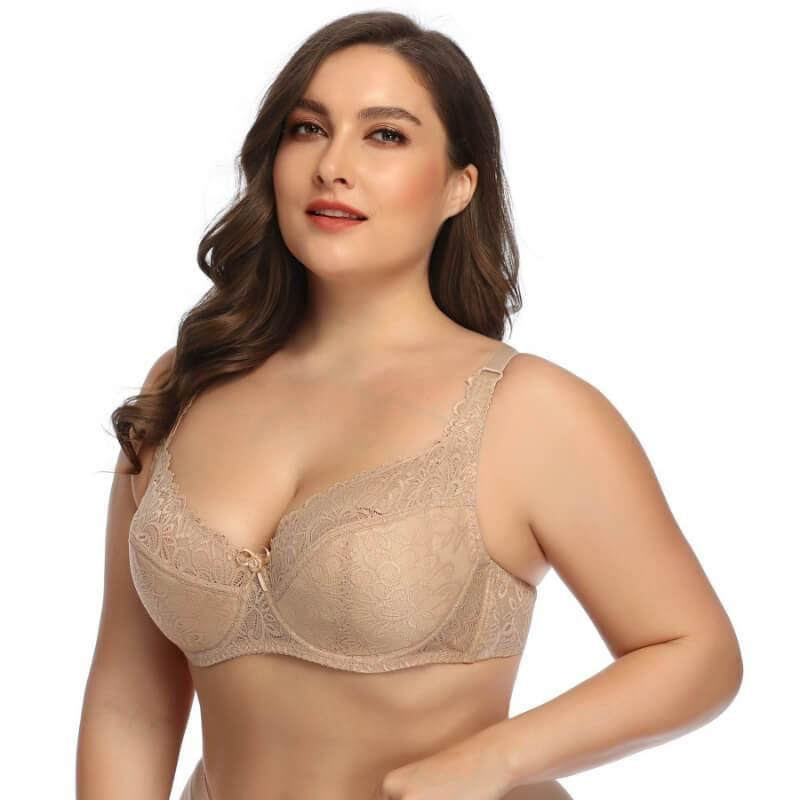 Women's Plus Size Bra Lightweight Underwire Lace Floral Unpadded Bra - CHALIER