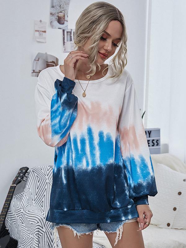 Ladeis Round Neck Tie-Dye Long-Sleeved Sports Sweatshirt - CHALIER
