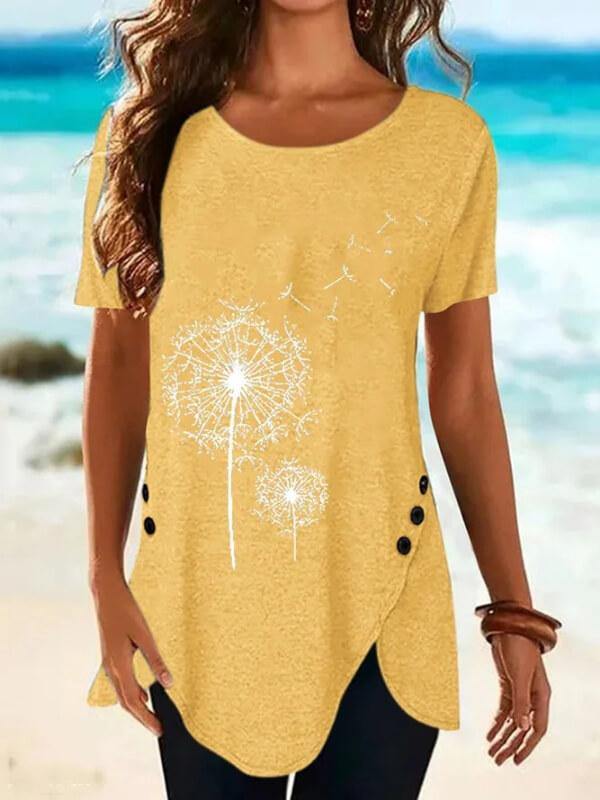 Women's Crew Neck Printed Short Sleeve Cotton-Blend Shirts & Tops - CHALIER