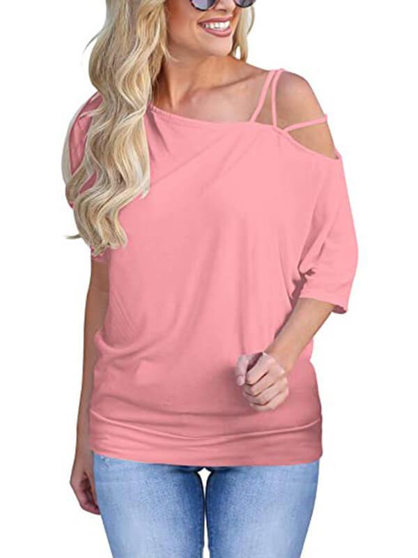 Women Solid Cold Shoulder Half SleeveCasual T-Shirt - CHALIER
