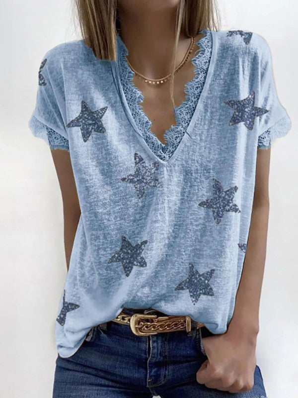 Women Lace Star Printed V Neck Short Sleeve T-Shirt