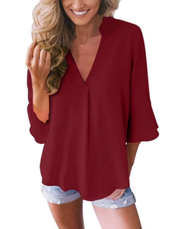 Women 3/4 Sleeve Solid Blouse V Neck Top - CHALIER