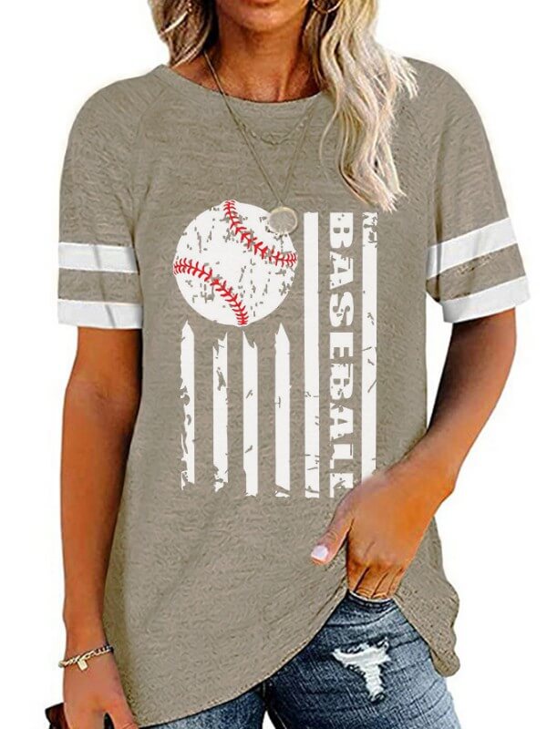 Women Striped Baseball Printed Short Sleeve T-Shirt