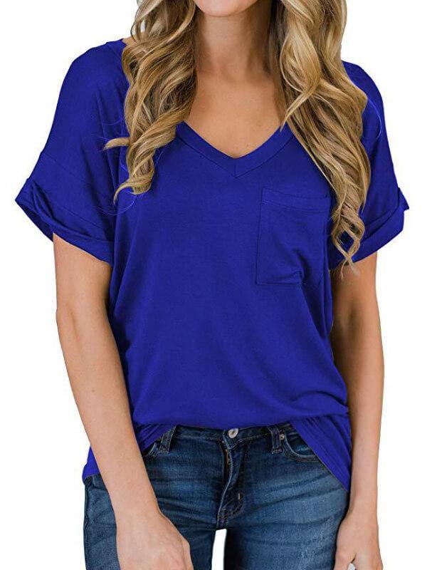 Women Cotton Solid V Neck Short Sleeve T-Shirt - CHALIER