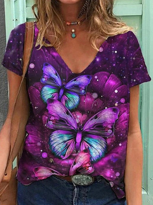 Women Butterfly Printed V Neck Summer T-Shirt